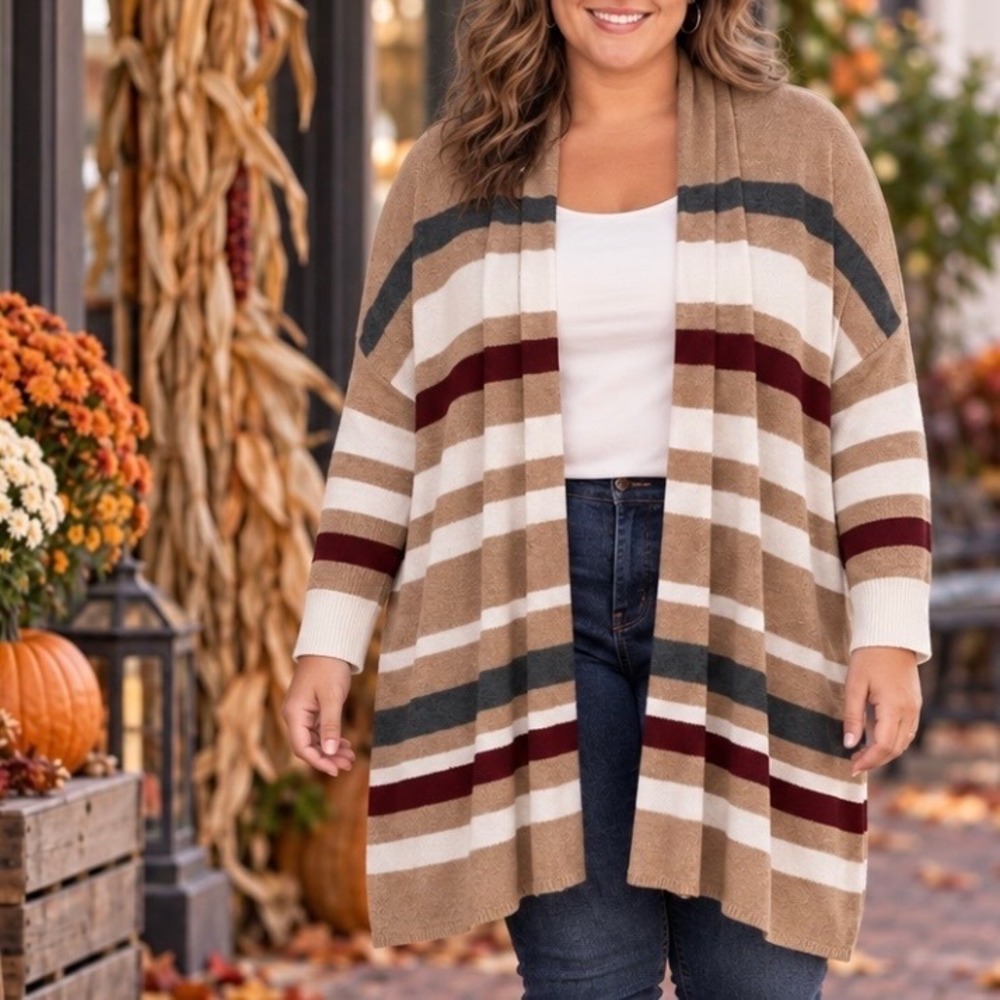 Lane Bryant Brown Striped Open Front Longline Knit Cardigan 22/24 Fall Vibe Boho